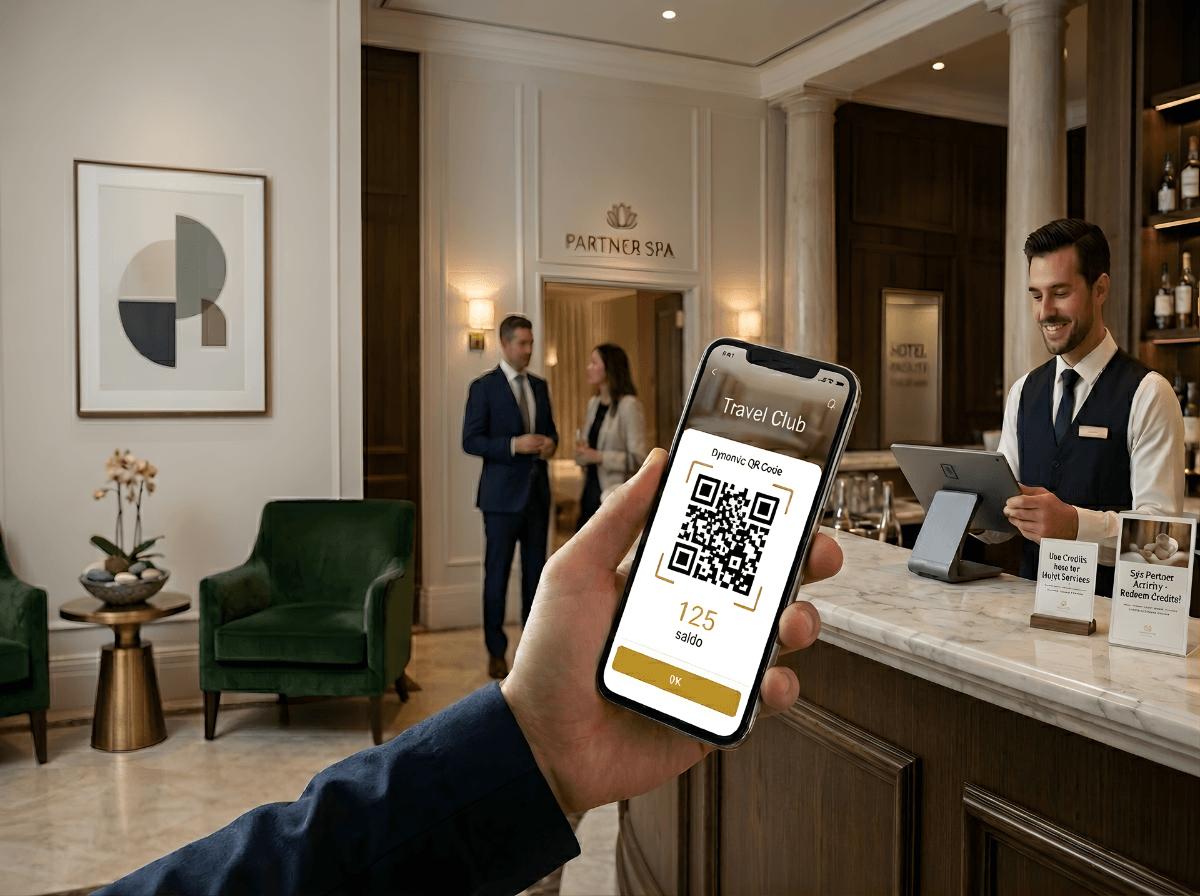Scansione di un QR Code dinamico da smartphone per eseguire pagamenti istantanei tra ospiti e strutture partner.